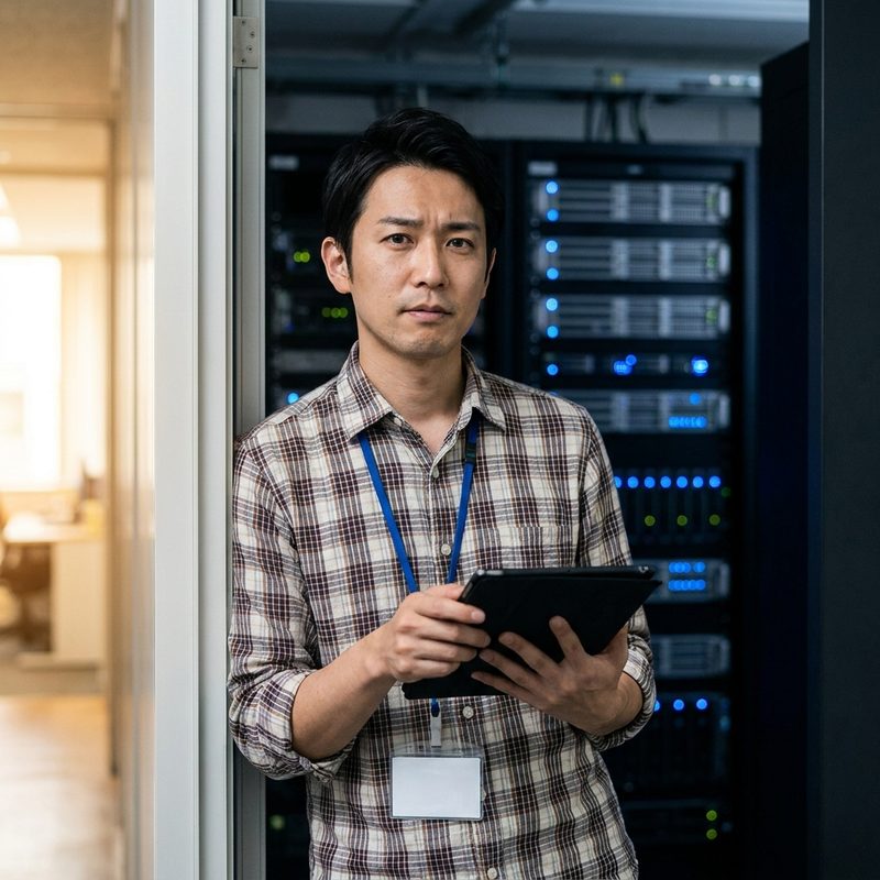 サーバールームの前でタブレットを持つ30代の情報システム担当者