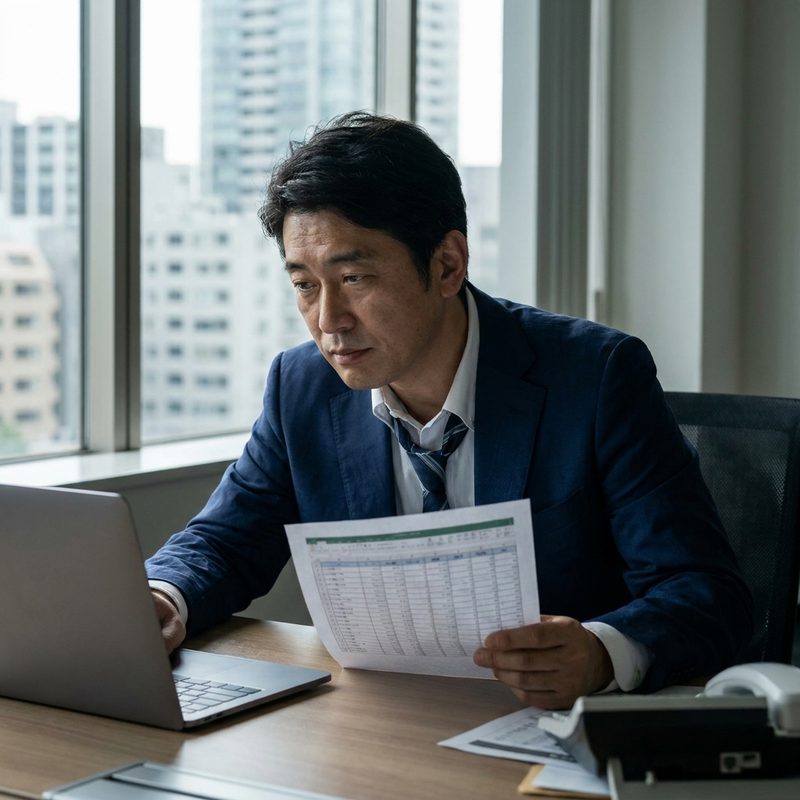 顧客リストを手にノートPCを見る40代の営業管理職