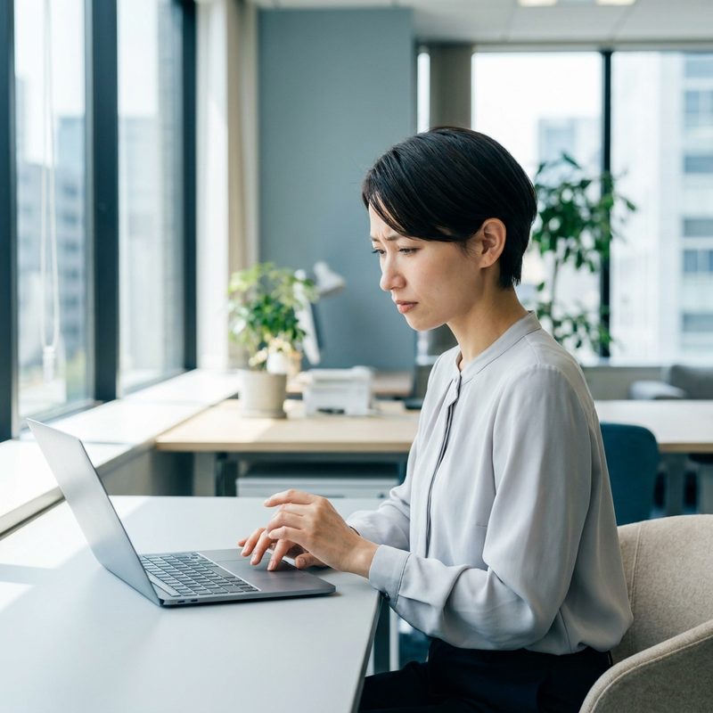 ノートPCに向かう20代の女性事務職員